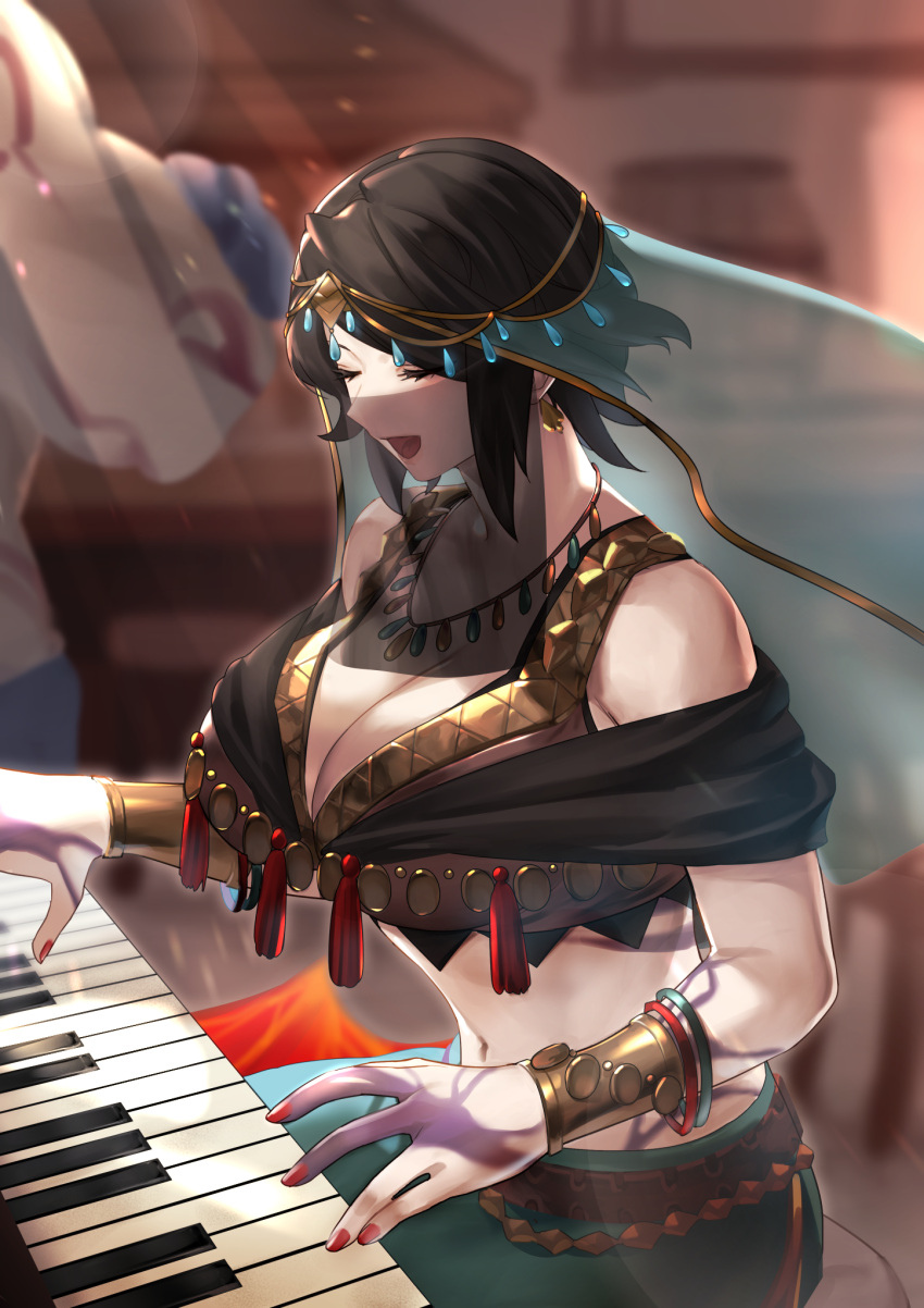 1girl aqua_skirt arabian_clothes bare_shoulders bikini bikini_top_only black_bikini black_hair bracelet breasts cleavage closed_eyes commentary_request commission duel_monster harem_outfit highres indoors instrument jewelry large_breasts magical_musketeer_starfire midriff mouth_veil music nail navel necklace open_mouth parted_bangs piano piano_bench playing_instrument playing_piano red_nails shawl short_hair sidelocks sitting skeb_commission skirt solo swimsuit veil vulture_(washizu0808) wristlet yu-gi-oh!