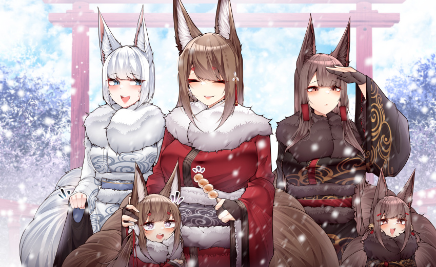+_+ 5girls :d absurdres akagi-chan_(azur_lane) akagi_(azur_lane) amagi-chan_(azur_lane) amagi_(azur_lane) animal_ears azur_lane bell black_kimono blue_eyes blush breasts brown_hair brown_kimono closed_eyes dango day excited expressionless eyeshadow facing_viewer food fox_ears fox_girl fox_tail hair_bell hair_ornament hair_over_one_eye hairclip hairpin hand_on_another's_head hand_up happy highres japanese_clothes kaga_(azur_lane) kimono kitsune large_breasts long_hair looking_at_another makeup multiple_girls multiple_tails orange_eyes outdoors print_kimono purple_eyes red_eyes red_eyeshadow red_kimono samip slit_pupils smile snow snowing tail teeth upper_body upper_teeth_only very_long_hair wagashi white_hair white_kimono