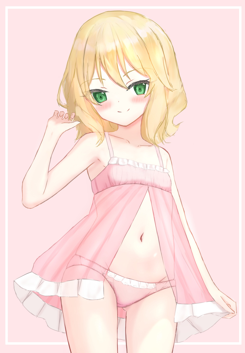 1girl absurdres babydoll blonde_hair closed_mouth commentary crotch_seam flat_chest frilled_panties frills green_eyes groin highres idolmaster idolmaster_cinderella_girls lingerie looking_at_viewer medium_hair navel panties pink_babydoll pink_background pink_panties sakurai_momoka shooko smile solo standing underwear underwear_only