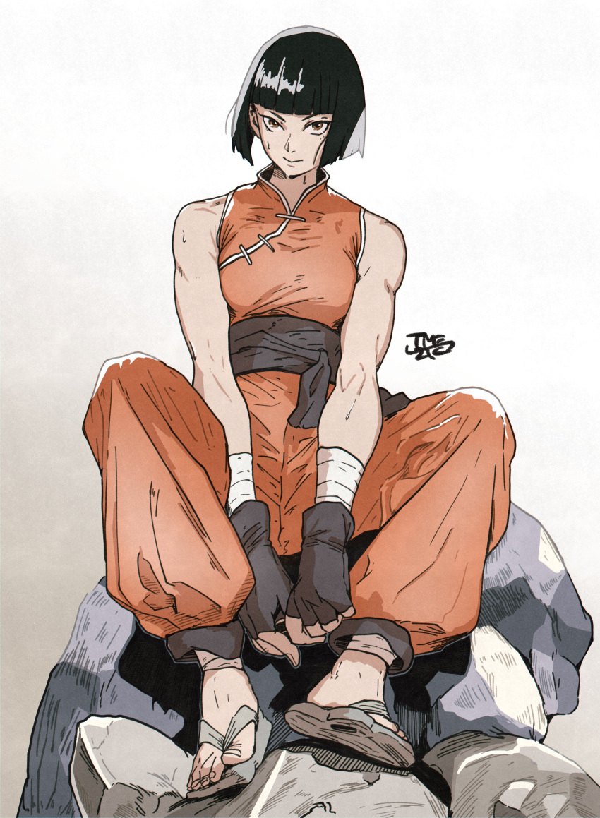 1girl absurdres black_hair bob_cut brown_eyes china_dress chinese_clothes dress fingerless_gloves gloves highres monk original sash shaolin_monk signature sitting slippers solo sweat tomochiso toned white_background
