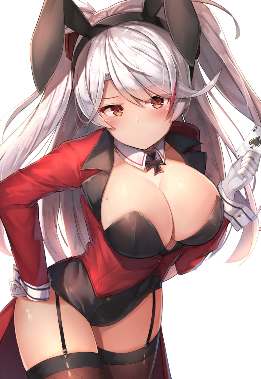 alternate_costume animal_ears antenna_hair azur_lane bangs black_legwear black_leotard breasts bunny_ears bunny_girl bunny_tail bunnysuit card commentary covered_navel detached_collar eyebrows_visible_through_hair eyes_visible_through_hair fake_animal_ears fishnets garter_straps gloves hand_on_hip highres holding holding_playing_card iron_cross jacket large_breasts leaning_forward leotard long_sleeves looking_at_viewer mole mole_on_breast motokonut multicolored_hair playing_card prinz_eugen_(azur_lane) red_jacket shiny shiny_skin silver_hair solo spade_(shape) swept_bangs tail thighhighs two_side_up white_gloves wrist_cuffs