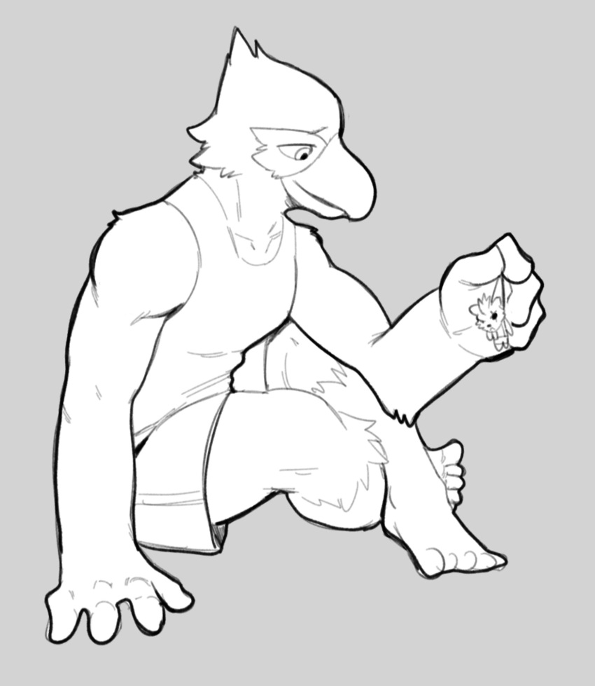 anthro avian beak bird bottomwear clothed clothing falco_lombardi feathers hi_res jrjresq male nintendo plushie shirt shorts sitting size_difference sketch star_fox tank_top topwear wolf_o'donnell