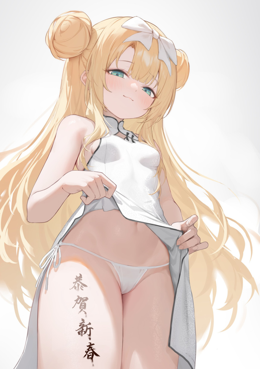 1girl absurdres blonde_hair body_writing bow breasts china_dress chinese_clothes clothes_lift double_bun dress green_eyes hagi_(ame_hagi) hair_bow hair_bun highres long_hair looking_at_viewer navel original panties petite side-tie_panties small_breasts solo thighs underwear white_background white_dress white_panties