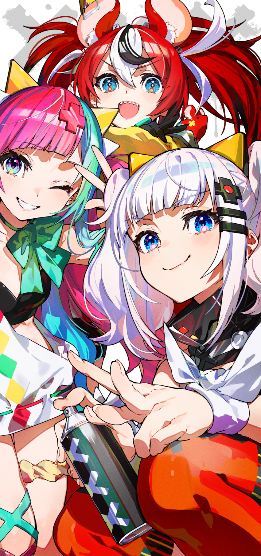 3girls ;) absurdres animal_ears black_hair blue_eyes commentary_request creator_connection dice_hair_ornament from_below hair_ornament hairclip hakos_baelz hakos_baelz_(1st_costume) highres hololive hololive_english kaguya_luna looking_at_viewer mika_pikazo mouse_ears mouse_girl mousetrap mr._squeaks_(hakos_baelz) multicolored_hair multiple_girls one_eye_closed open_mouth pinky_pop_hepburn red_hair ribbon sharp_teeth simple_background smile spray_can streaked_hair teeth the_moon_studio v virtual_youtuber w white_hair