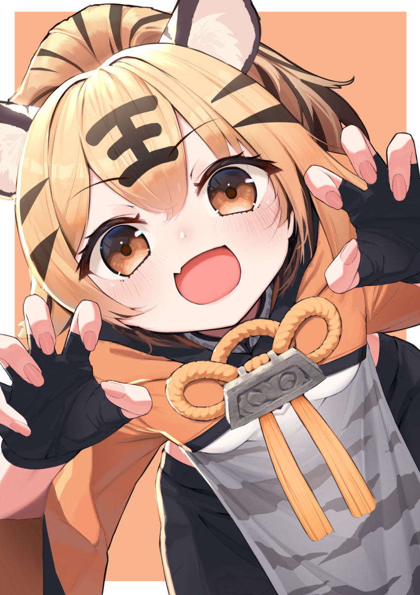 1girl :d animal_ears azur_lane black_gloves blush border brown_eyes chinese_clothes commentary_request dutch_angle fang fingerless_gloves fingernails gao gloves hair_between_eyes hands_up highres hu_pen_(azur_lane) looking_at_viewer multicolored_hair neck_tassel open_mouth orange_background orange_hair outside_border outstretched_hand short_sleeves skin_fang smile solo streaked_hair tiger_ears tiger_girl upper_body white_border yohia