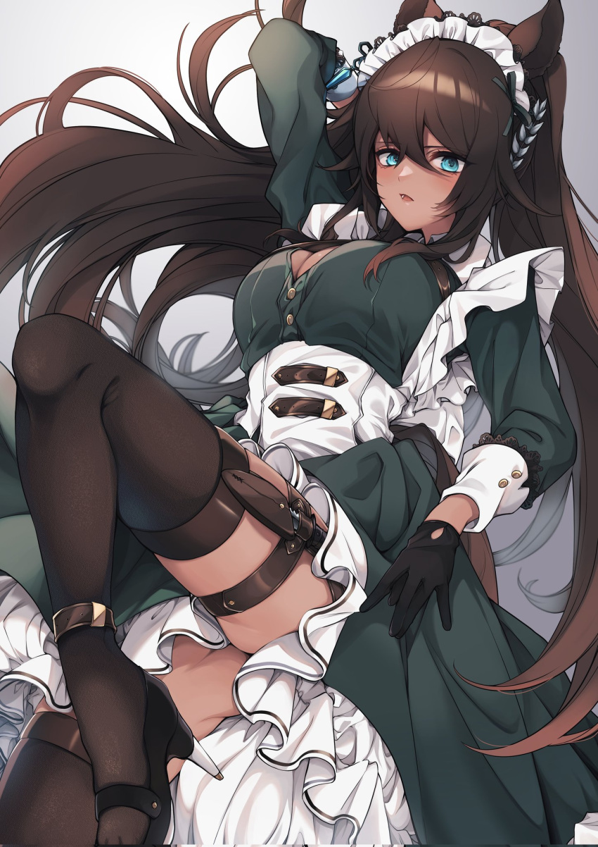 1girl alternate_costume animal_ears apron aqua_eyes black_hair breasts cleavage cleavage_cutout clothing_cutout combat_knife corset dark-skinned_female dark_skin enmaided hair_between_eyes high_heels highres holster horse_ears horse_girl kngu0511 knife large_breasts long_hair long_sleeves looking_at_viewer maid maid_apron maid_headdress parted_lips solo symboli_kris_s_(umamusume) thigh_holster umamusume weapon