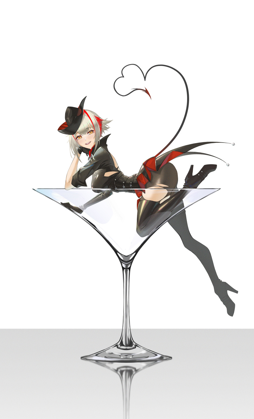1girl absurdres arknights black_gloves black_headwear black_pantyhose boots breasts cocktail_glass cup demon_girl demon_horns demon_tail drinking_glass elbow_gloves gloves grey_hair hat high_heels highres horns large_breasts looking_at_viewer official_alternate_costume pantyhose short_hair simple_background smile solo tail thigh_boots torn_clothes torn_pantyhose w_(arknights) w_(wanted)_(arknights) white_background yellow_eyes yitiaoyuwe