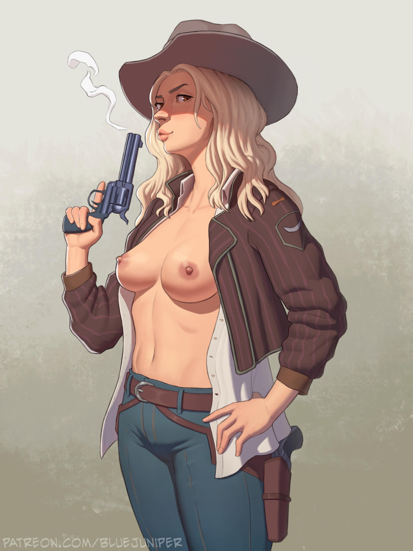 1girl absurdres blonde_hair blowing_smoke blue_pants bluejuniper breasts brown_eyes brown_jacket commentary_request commission cowboy_hat cowboy_shot denim gun hand_on_own_hip hat highres holding holding_gun holding_weapon holster jacket jeans medium_breasts navel nipples no_bra open_clothes open_shirt original pants puckered_lips revolver solo weapon web_address