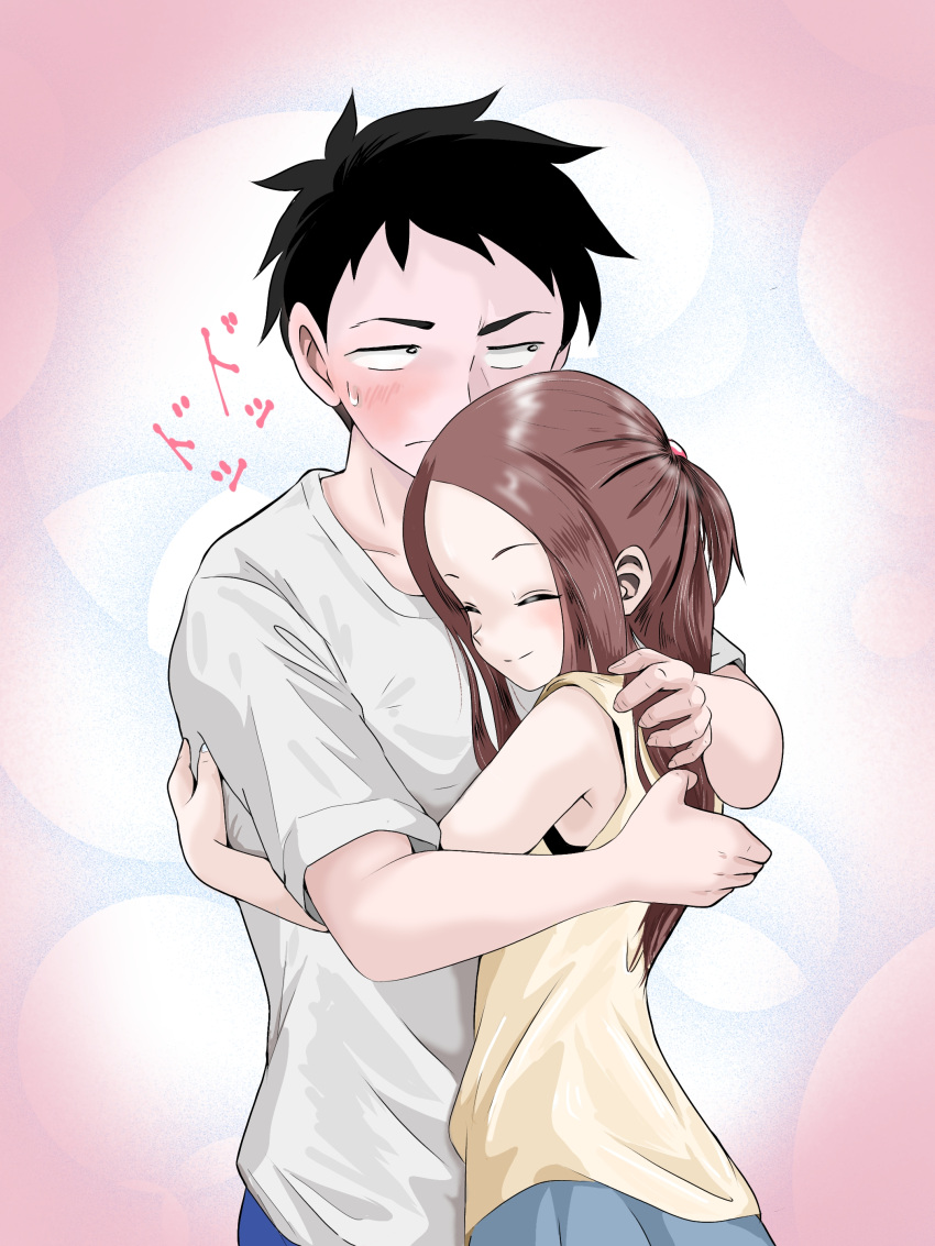 1boy 1girl absurdres black_hair blush brown_hair closed_eyes commentary_request frown hatomugi_(user_datj4345) highres hug husband_and_wife karakai_jouzu_no_(moto)_takagi-san karakai_jouzu_no_takagi-san nishikata shirt short_ponytail smile sweatdrop t-shirt takagi-san tank_top white_shirt yellow_tank_top