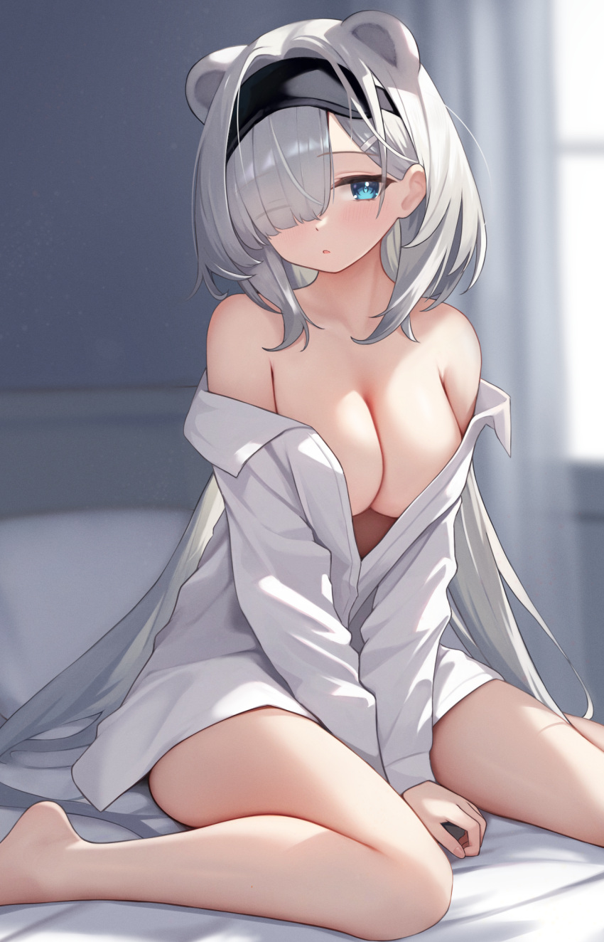 1girl alternate_costume animal_ears arknights aurora_(arknights) bare_legs bare_shoulders barefoot bear_ears bear_girl bed_sheet between_legs blue_eyes breasts cleavage commentary extra_ears eye_mask fanteam grey_hair hair_over_one_eye hand_between_legs highres indoors large_breasts light_blush long_hair long_sleeves looking_at_viewer naked_shirt no_bra off_shoulder on_bed open_mouth parted_bangs shirt sitting solo thick_thighs thighs very_long_hair wariza white_shirt