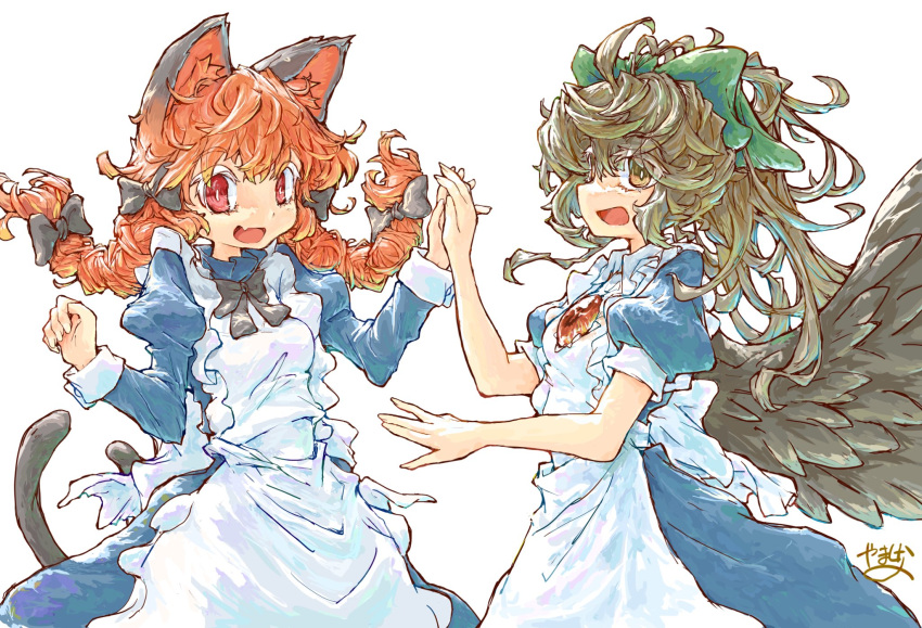 2girls animal_ears bird_wings black_bow black_bowtie bow bowtie braid brown_hair cat_ears cat_tail commentary_request green_bow hair_bow highres juliet_sleeves kaenbyou_rin long_hair long_sleeves looking_at_viewer maid multiple_girls multiple_tails open_mouth puffy_sleeves purple_hair red_eyes red_hair reiuji_utsuho short_hair short_sleeves signature simple_background tail third_eye touhou twin_braids two_tails white_background wings yamasina009