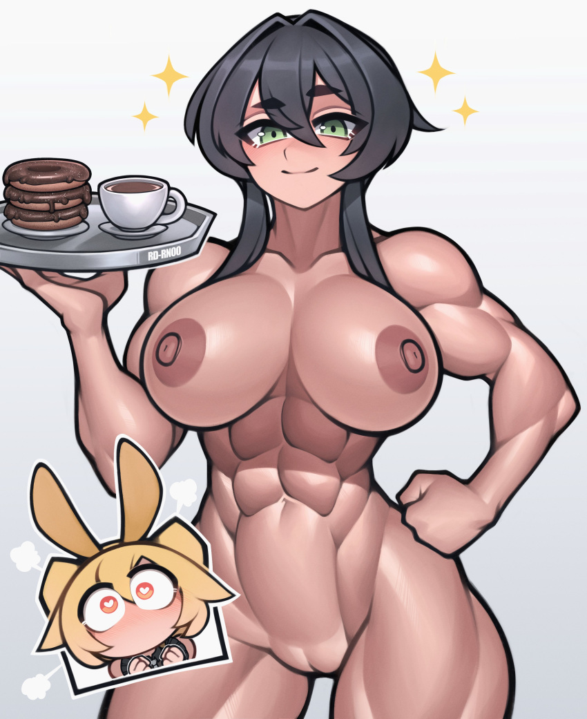 2girls abs absurdres animal_ears biceps black_hair blonde_hair blush breasts chibi coffee collarbone commission completely_nude doughnut fake_animal_ears food green_eyes hair_between_eyes hand_on_own_hip heart heart-shaped_pupils highres holding holding_plate large_breasts multiple_girls muscular muscular_female navel nipples nude original plate playboy_bunny pussy rabbit_ears roadi3 short_hair_with_long_locks smile solo_focus sparkle symbol-shaped_pupils thick_thighs thighs