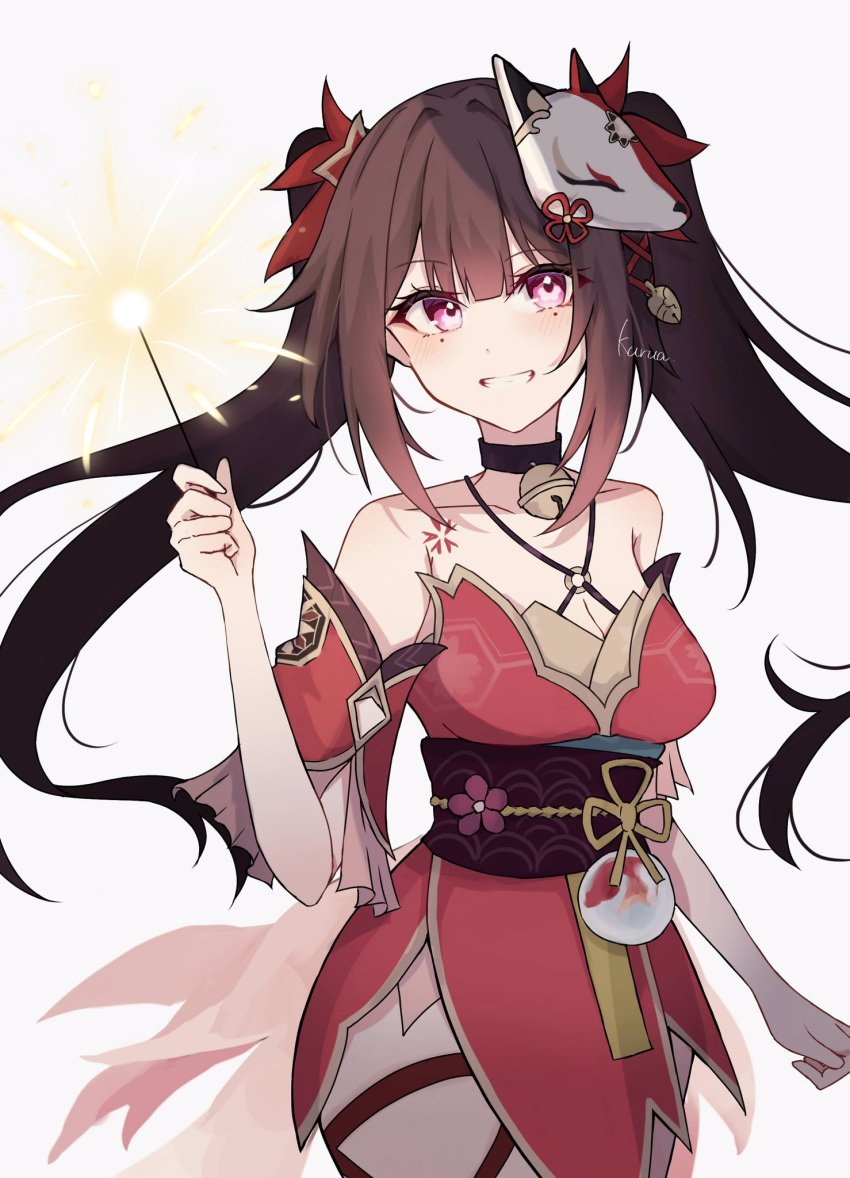 1girl 961_kuru :d arm_at_side bare_shoulders bell black_choker blush bow breasts brown_hair choker cleavage collarbone cowboy_shot criss-cross_halter detached_sleeves dress fireworks floating_hair fox_mask grin hair_bow halterneck highres holding_fireworks honkai:_star_rail honkai_(series) large_breasts looking_at_viewer mask mask_on_head neck_bell o-ring obi open_mouth pink_eyes red_bow red_dress red_sleeves sash short_dress short_hair simple_background sleeveless sleeveless_dress smile solo sparkle_(honkai:_star_rail) sparkler twintails white_background