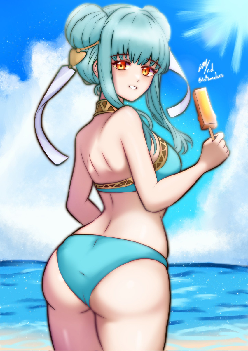 1girl alternate_costume alternate_hairstyle ass back bikini blue_bikini blue_hair breasts commentary double_bun english_commentary fire_emblem fire_emblem:_the_blazing_blade fire_emblem_heroes food hair_bun highres ice_cream looking_at_viewer ninian_(fire_emblem) red_eyes rotomdocs small_breasts smile swimsuit