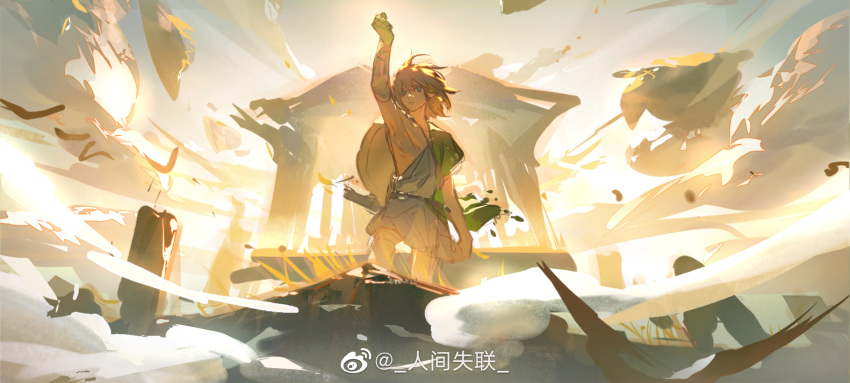 1boy arm_up armpits bare_arms bishounen blonde_hair blue_eyes clenched_hand cloud cowboy_shot glowing hair_between_eyes highres link male_focus outdoors pointy_ears renjian_shilian robe ruins sheath sheathed shield shield_on_back short_hair simple_bird single_bare_shoulder sky solo sunrise sword sword_on_back the_legend_of_zelda the_legend_of_zelda:_breath_of_the_wild toga watermark weapon weapon_on_back weibo_logo weibo_username white_robe yellow_sky
