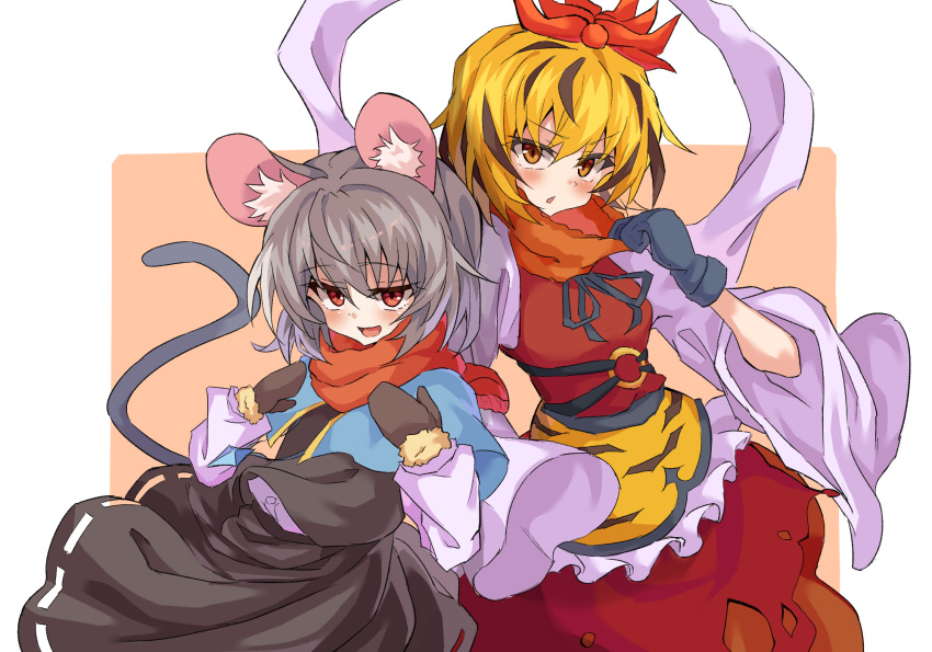 2girls animal_ear_fluff animal_ears animal_print black_hair black_mittens black_skirt blonde_hair blue_capelet capelet commentary_request fur_trim grey_hair hair_ornament highres long_sleeves looking_at_viewer mifutatsu mittens mouse_ears mouse_girl multicolored_hair multiple_girls nazrin orange_background orange_eyes red_eyes red_scarf scarf shawl skirt streaked_hair tiger_print toramaru_shou touhou wide_sleeves