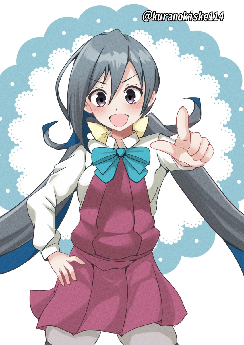 1girl aqua_bow aqua_bowtie bow bowtie collared_shirt cowboy_shot dress dress_shirt grey_eyes grey_hair grey_pantyhose hair_between_eyes halter_dress halterneck hand_on_own_hip highres kantai_collection kiyoshimo_(kancolle) kurano_kisuke long_hair low_twintails one-hour_drawing_challenge pantyhose pointing purple_dress school_uniform shirt smile solo twintails twitter_username white_background white_shirt