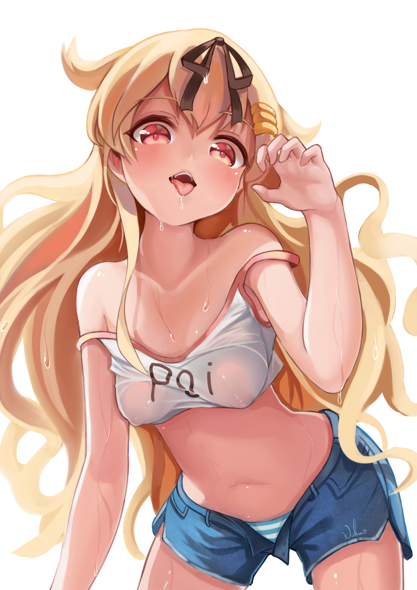 all_fours bare_shoulders blonde_hair breasts chinese_commentary claw_pose commentary_request covered_nipples crop_top from_below hair_ornament hair_ribbon hairclip highres kantai_collection long_hair midriff navel open_pants panties poi red_eyes remodel_(kantai_collection) ribbon saliva short_shorts shorts simple_background small_breasts solo strap_slip striped striped_panties sweat tongue tongue_out underwear very_long_hair white_background wuhuo yuudachi_(kantai_collection)