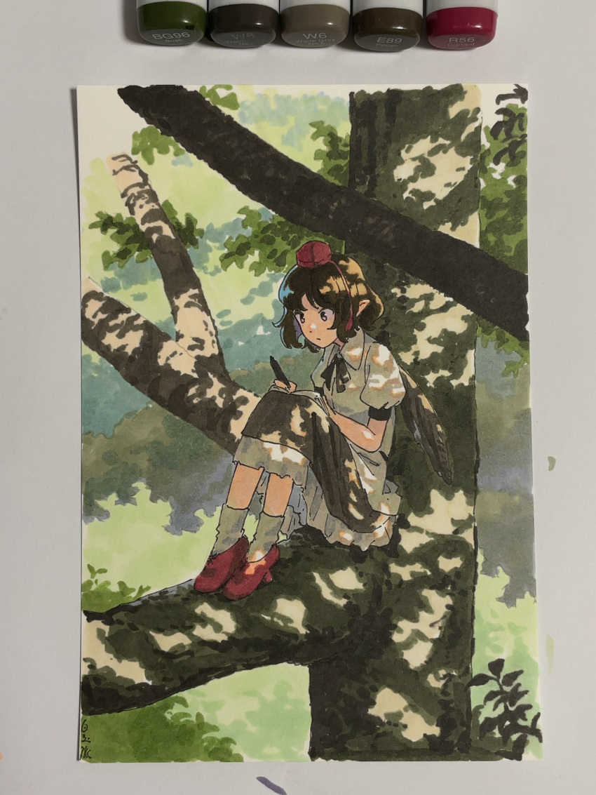 1girl art_tools_in_frame bare_arms black_ribbon bob_cut brown_eyes brown_hair brown_skirt closed_mouth collared_shirt dappled_sunlight day expressionless frilled_skirt frills geta hat highres holding holding_notebook holding_phone in_tree knees_up marker_(medium) neck_ribbon notebook outdoors phone photo_(medium) pointy_ears puffy_short_sleeves puffy_sleeves red_footwear red_headwear ribbon shameimaru_aya shiratama_(hockey) shirt short_hair short_sleeves sitting skirt socks solo sunlight tengu-geta tokin_hat touhou traditional_media tree white_shirt white_socks writing