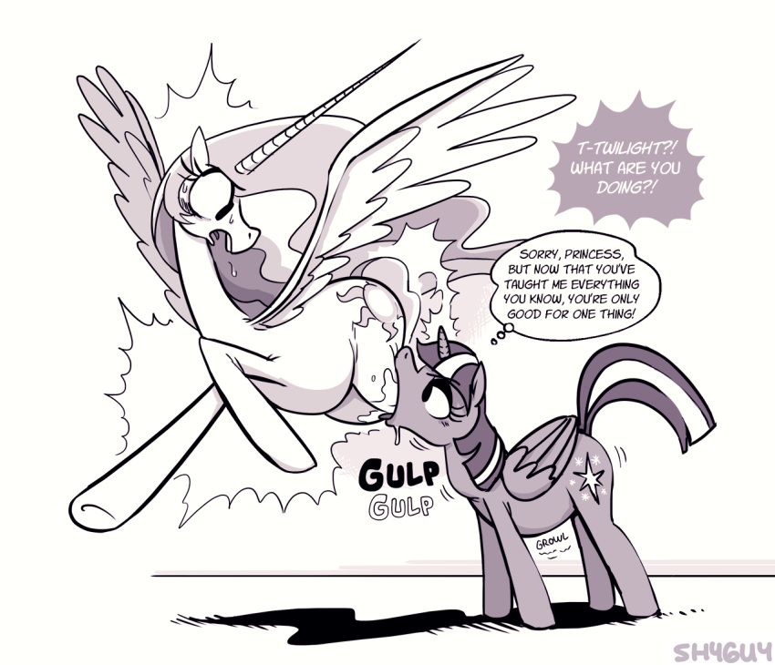 duo english_text equine eyelashes female female/female female_pred female_prey feral friendship_is_magic horn looking_back mammal my_little_pony open_mouth oral_vore princess_celestia_(mlp) saliva shyguy9 sound_effects standing sweat text thought_bubble twilight_sparkle_(mlp) vore winged_unicorn wings