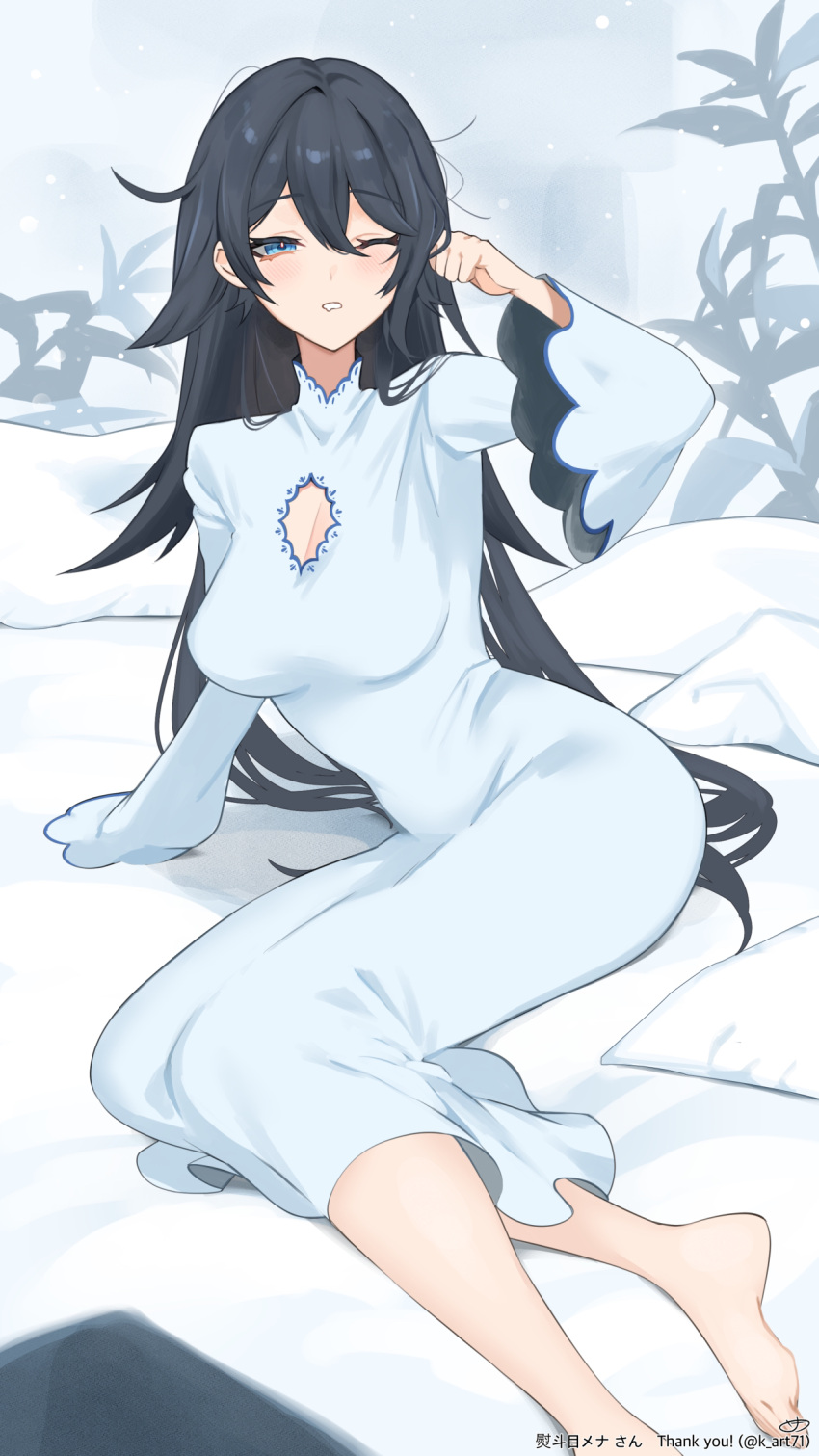 1girl black_hair blue_eyes breasts cleavage cleavage_cutout clothing_cutout commission drooling hair_between_eyes highres indie_virtual_youtuber k_(art71) long_hair long_sleeves mouth_drool nightgown noshime_mena one_eye_closed pillow skeb_commission solo thank_you twitter_username virtual_youtuber white_nightgown wide_sleeves