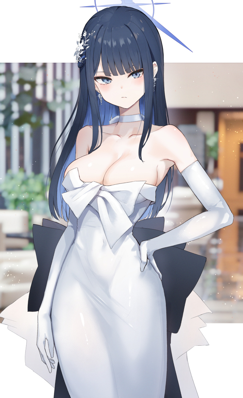 1girl black_hair blue_archive blue_eyes blue_halo blush breasts choker cleavage closed_mouth commentary cowboy_shot dress earrings elbow_gloves gloves halo hand_on_own_hip highres isegawa_yasutaka jewelry large_breasts long_hair looking_at_viewer official_alternate_costume saori_(blue_archive) saori_(dress)_(blue_archive) solo white_choker white_dress white_gloves