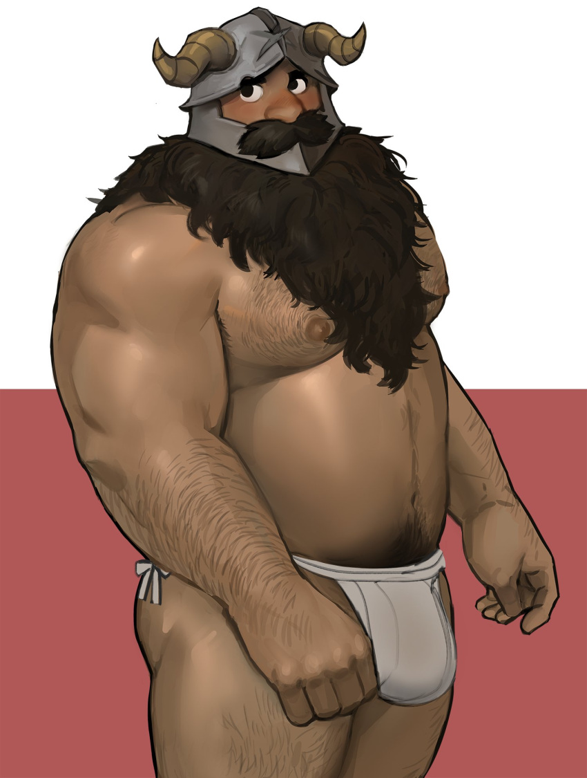 1boy alternate_muscle_size bara beard belly briefs brown_hair bulge cowboy_shot dark-skinned_male dark_skin dopey_(dopq) dungeon_meshi dwarf facial_hair fake_horns full_beard hairy helmet highres horned_helmet horns large_pectorals long_beard looking_at_viewer male_focus male_underwear mature_male muscular muscular_male nipples paid_reward_available pectorals plump see-through senshi_(dungeon_meshi) solo sparse_arm_hair sparse_chest_hair sparse_leg_hair standing stomach strongman_waist thick_beard thick_mustache thick_navel_hair thick_thighs thighs topless_male two-tone_background underwear very_long_beard wet wet_clothes wet_male_underwear