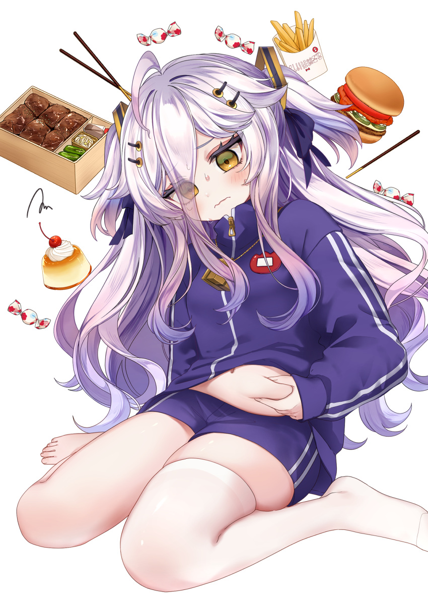 1girl absurdres bento blush breasts burger candy food french_fries gradient_hair grey_hair hair_between_eyes hair_ornament hairpin henya_the_genius highres ichiko_1234 jacket long_bangs long_hair multicolored_hair pocky pudding purple_hair purple_jacket purple_shorts shorts single_thighhigh small_breasts solo thighhighs two_side_up virtual_youtuber vshojo white_thighhighs yellow_eyes zipper zipper_pull_tab