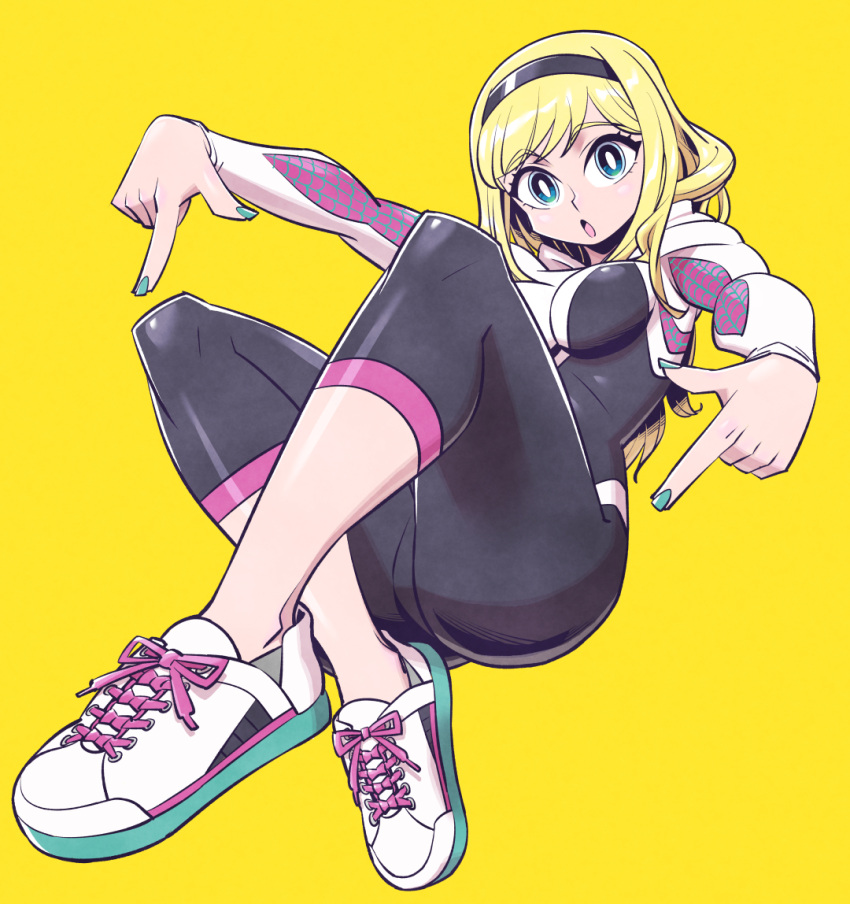 1girl :o black_hairband blonde_hair blue_eyes blue_nails bodysuit bright_pupils full_body gwen_stacy hairband hood hood_down long_hair long_sleeves looking_at_viewer marvel open_mouth pointing shoelaces shoes sneakers solo spandex spider-gwen spider-man_(series) spider-verse spider_web_print sunafuki_tabito yellow_background