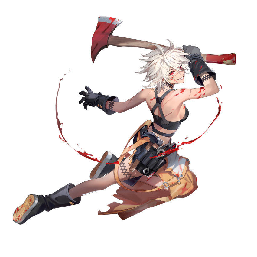 1girl apron axe belt belt_pouch black_bra black_gloves black_survival blood blood_on_clothes blood_on_face blood_splatter blood_stain boots bra breasts eternal_return:_black_survival fire_axe full_body gloves hammer highres holding holding_weapon jackie_quilt looking_at_viewer official_art orange_apron pouch red_eyes scar scar_on_face scissors short_hair smile underwear weapon white_hair