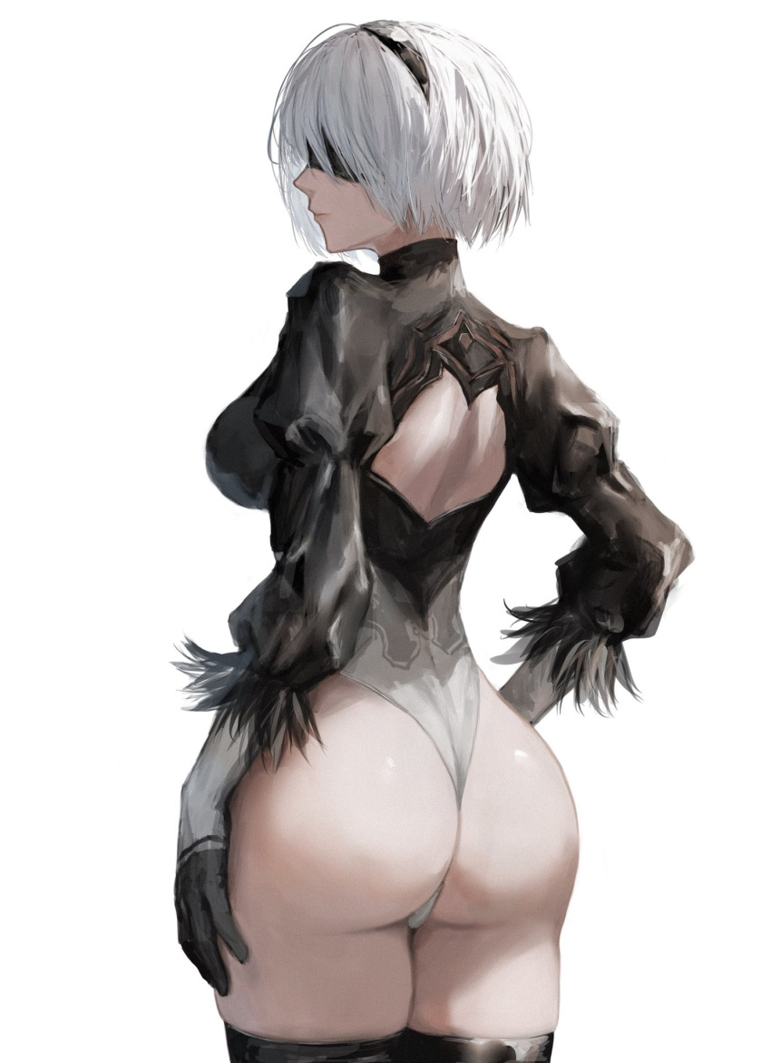 1girl 2b_(nier:automata) ass back_cutout black_blindfold black_gloves black_hairband black_thighhighs blindfold breasts closed_mouth clothing_cutout commentary covered_eyes facing_to_the_side feather-trimmed_sleeves from_behind gloves hairband highres juliet_sleeves large_breasts leotard long_sleeves nier:automata nier_(series) puffy_sleeves raberu_ruru short_hair solo thighhighs thong_leotard white_background white_hair white_leotard