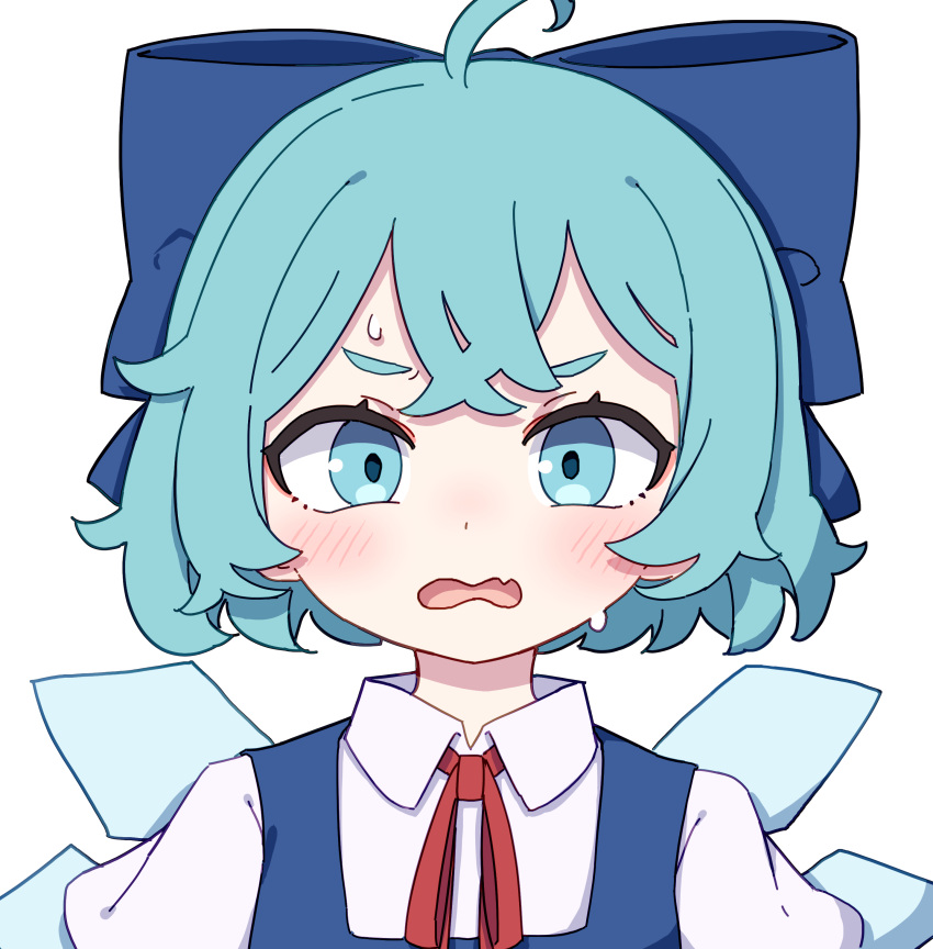 1girl absurdres ahoge aqua_eyes aqua_hair blue_bow blue_dress blush bow cirno collared_shirt dress fang hair_bow highres ice ice_wings kame_(kamepan44231) looking_at_viewer neck_ribbon one-hour_drawing_challenge open_mouth red_ribbon ribbon shirt short_hair short_sleeves simple_background skin_fang sweat sweatdrop touhou upper_body wavy_mouth white_background white_shirt wings