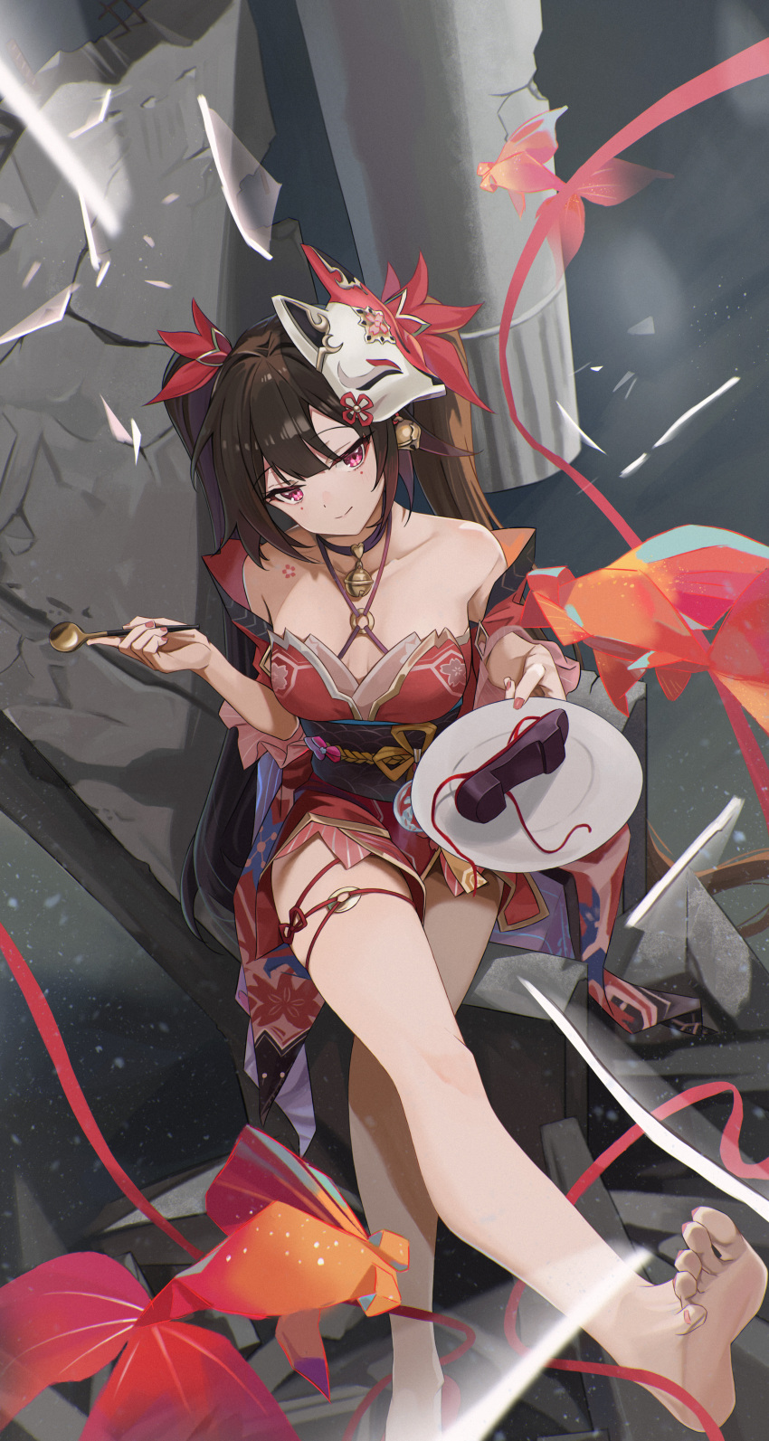 1girl absurdres auguste bare_legs bare_shoulders barefoot bell black_choker black_sash brown_hair choker commentary_request detached_sleeves dress facial_mark fish fox_mask head_tilt highres holding holding_plate holding_spoon honkai:_star_rail honkai_(series) jingle_bell long_hair looking_at_viewer mask mask_on_head neck_bell o-ring obi pillar pink_eyes plate red_dress sash short_sleeves sitting smile solo sparkle_(honkai:_star_rail) spoon thighs twintails very_long_hair