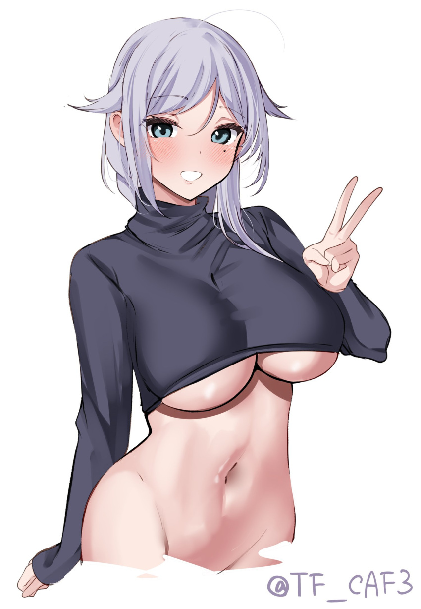 1girl black_shirt blue_eyes blush bottomless braid breasts cropped_legs grey_hair groin highres kantai_collection large_breasts long_hair looking_at_viewer mole mole_under_eye navel shirt simple_background single_braid smile solo tf_cafe twitter_username umikaze_(kancolle) v very_long_hair white_background