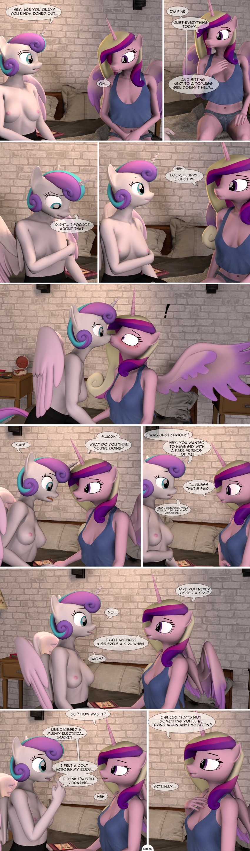 3d_(artwork) absurd_res bed bedroom bite blush breasts clothed clothing comic daughter_(lore) dialogue digital_media_(artwork) equid equine female female/female flurry_heart_(mlp) friendship_is_magic furniture hasbro hi_res horn incest_(lore) kissing mammal mother_(lore) mother_and_child_(lore) mother_and_daughter_(lore) my_little_pony mythological_creature mythological_equine mythology parent_(lore) parent_and_child_(lore) parent_and_daughter_(lore) princess_cadance_(mlp) sleepwear spud-arts surprised_expression tall_image topless winged_unicorn wings