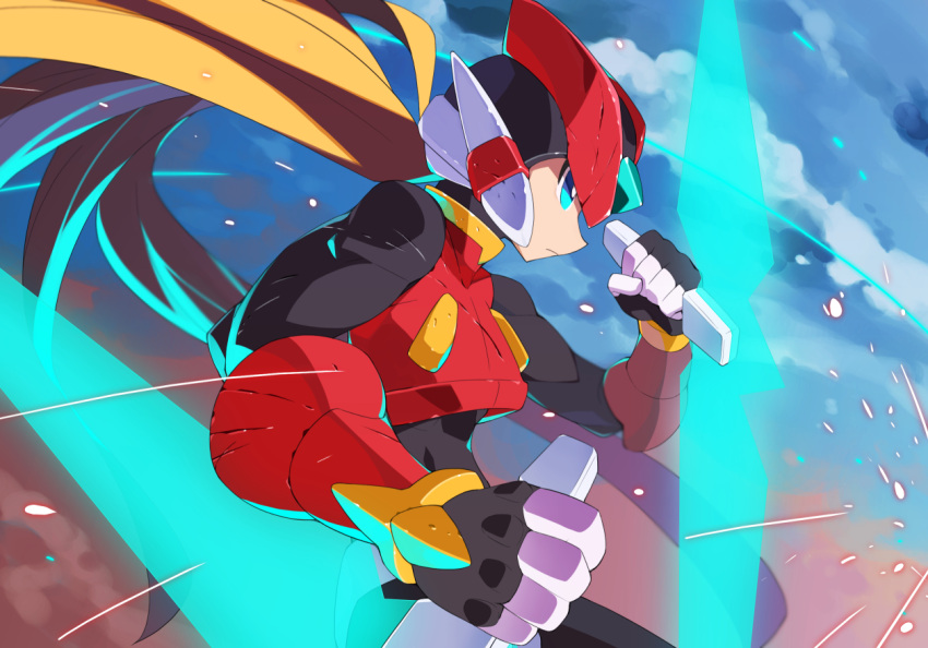 1boy armor blonde_hair crop_top dual_wielding energy_blade helmet holding kaidou_zx long_hair mega_man_(series) mega_man_zero_(series) red_headwear solo sparks tonfa upper_body weapon zero(z)_(mega_man) zero_(mega_man)