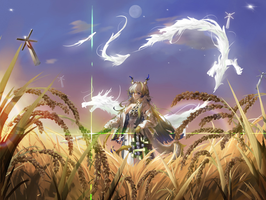 1girl absurdres arknights bare_shoulders beads belt blonde_hair chinese_commentary closed_mouth colored_skin commentary_request diffraction_spikes dragon dragon_girl dragon_horns dragon_tail earrings eastern_dragon fantasy feet_out_of_frame field grey_eyes hair_intakes highres holding holding_sword holding_weapon horns jacket jewelry lens_flare long_hair long_sleeves looking_at_viewer magic multicolored_hair necklace off_shoulder open_clothes open_jacket outdoors pants plant pointy_ears procreate_(medium) purple_hair purple_horns shu_(arknights) smile solo standing strapless sunlight sword tail tube_top very_long_hair weapon wheat wheat_field white_belt white_hair white_horns white_jacket white_pants white_tail white_tube_top wind xiao_gou_shenjing_(puppy_nerves) yellow_horns yellow_tail