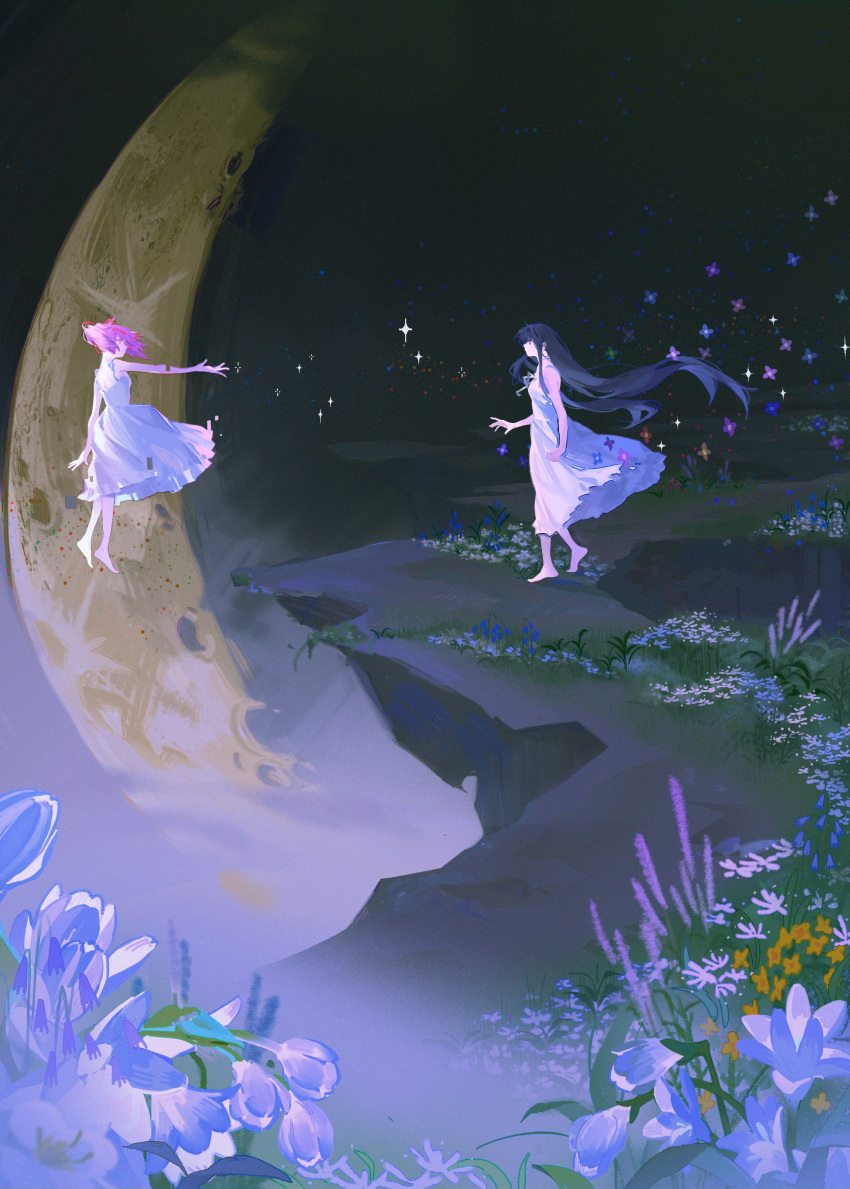 2girls absurdres akemi_homura arm_at_side backlighting bare_arms bare_shoulders barefoot black_hair black_hairband blue_flower clear_sky cliff clothes_lift crescent_moon darkness dress dress_lift eye_contact fantasy field floating floating_hair flower flower_field fog from_side glitch grass hair_ribbon hairband happy highres kaname_madoka kimi_no_gin_no_niwa_(madoka_magica) lavender_(flower) leaf light_particles long_dress long_hair looking_at_another mahou_shoujo_madoka_magica mahou_shoujo_madoka_magica:_hangyaku_no_monogatari medium_dress moon moonlight multiple_girls night night_sky orange_flower outstretched_arm pink_eyes pink_hair profile purple_eyes purple_flower red_ribbon ribbon short_twintails shoulder_blades sky smile snowbell_(flower) spaghetti_strap sparkle standing surreal twintails very_long_hair walking white_dress white_flower wide_shot zgxuke