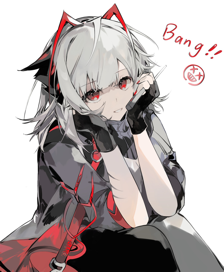 1girl antennae arknights black_gloves black_pants commentary_request detonator elbows_on_knees feet_out_of_frame fingerless_gloves gloves grey_hair grey_jacket grey_scarf hands_up highres jacket looking_at_viewer medium_hair pants qichachunyu red_eyes red_nails scar scar_on_arm scarf simple_background smile solo w_(arknights) white_background