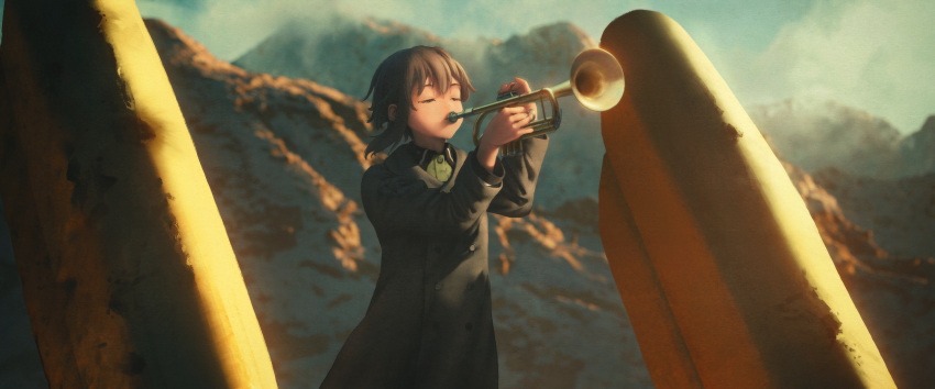 1girl absurdres brown_hair closed_eyes coat helvetian_military_uniform highres instrument mecha military_uniform mountain music outdoors playing_instrument robot sennikilo sky solo sora_no_woto sorami_kanata trumpet uniform