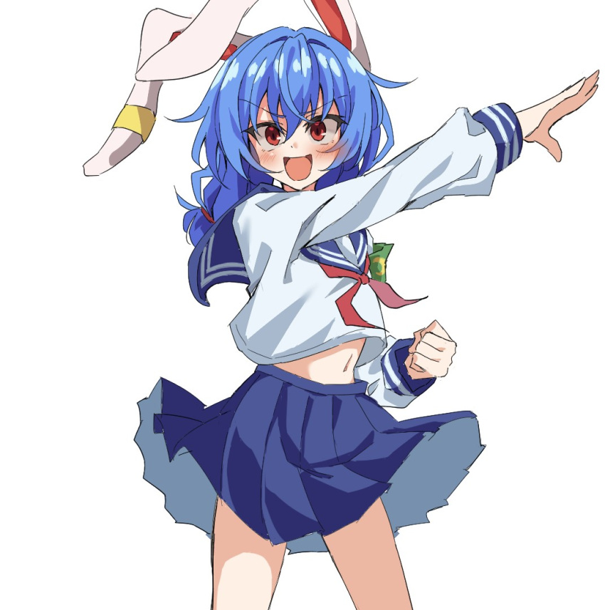 1girl alternate_costume animal_ears blue_hair blue_sailor_collar blue_skirt commentary_request d: earclip long_sleeves looking_at_viewer low_twintails mifutatsu navel neckerchief open_mouth rabbit_ears rabbit_girl red_eyes red_neckerchief sailor_collar school_uniform seiran_(touhou) simple_background skirt smile solo touhou twintails v-shaped_eyebrows white_background