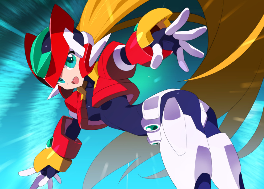 1girl aile_(mega_man_zx) armor ass black_bodysuit blonde_hair bodysuit bodysuit_under_clothes breasts cropped_jacket green_eyes helmet jacket kaidou_zx long_hair looking_at_viewer mega_man_(series) mega_man_zx model_zx_(mega_man) open_clothes open_jacket power_armor red_headwear red_jacket small_breasts solo