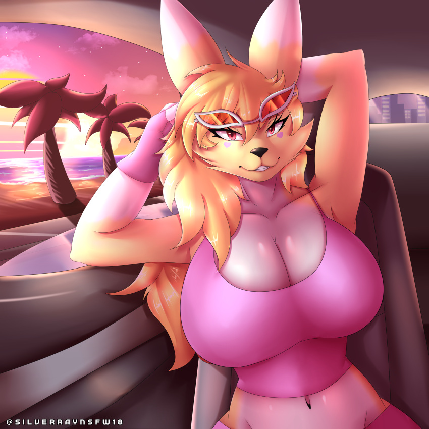 absurd_res anthro bandai_namco beach big_breasts blonde_hair breasts car city clothed clothing digimon digimon_(species) eyewear female glasses hair hi_res red_eyes renamon ryna_(silverray17) silverray17 smile solo synthwave vehicle yellow_body