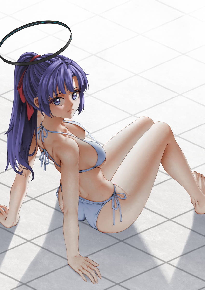 1girl absurdres arm_support bikini blue_archive breasts hair_ribbon halo highres long_hair mechanical_halo medium_breasts ponytail purple_eyes purple_hair red_ribbon ribbon satyarizqy side-tie_bikini_bottom sitting swimsuit tile_floor tiles white_bikini yuuka_(blue_archive)