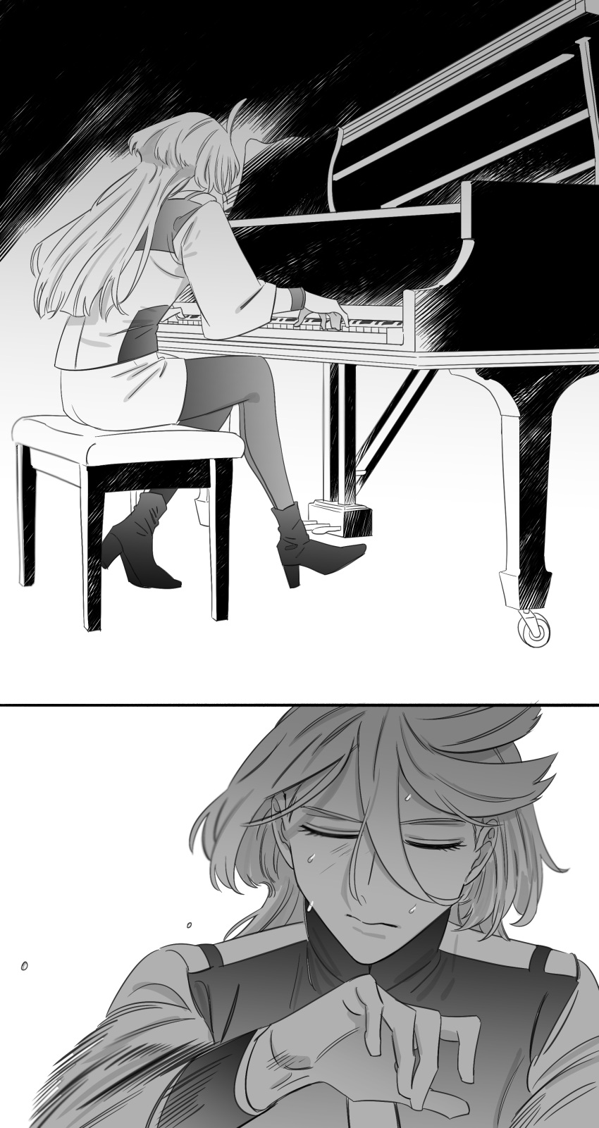 1girl absurdres ahoge asticassia_school_uniform closed_eyes closed_mouth grand_piano greyscale gundam gundam_suisei_no_majo high_heels highres instrument jacket long_hair long_sleeves miorine_rembran monochrome motion_blur music pantyhose piano playing_instrument playing_piano school_uniform skirt snapagi solo sweat