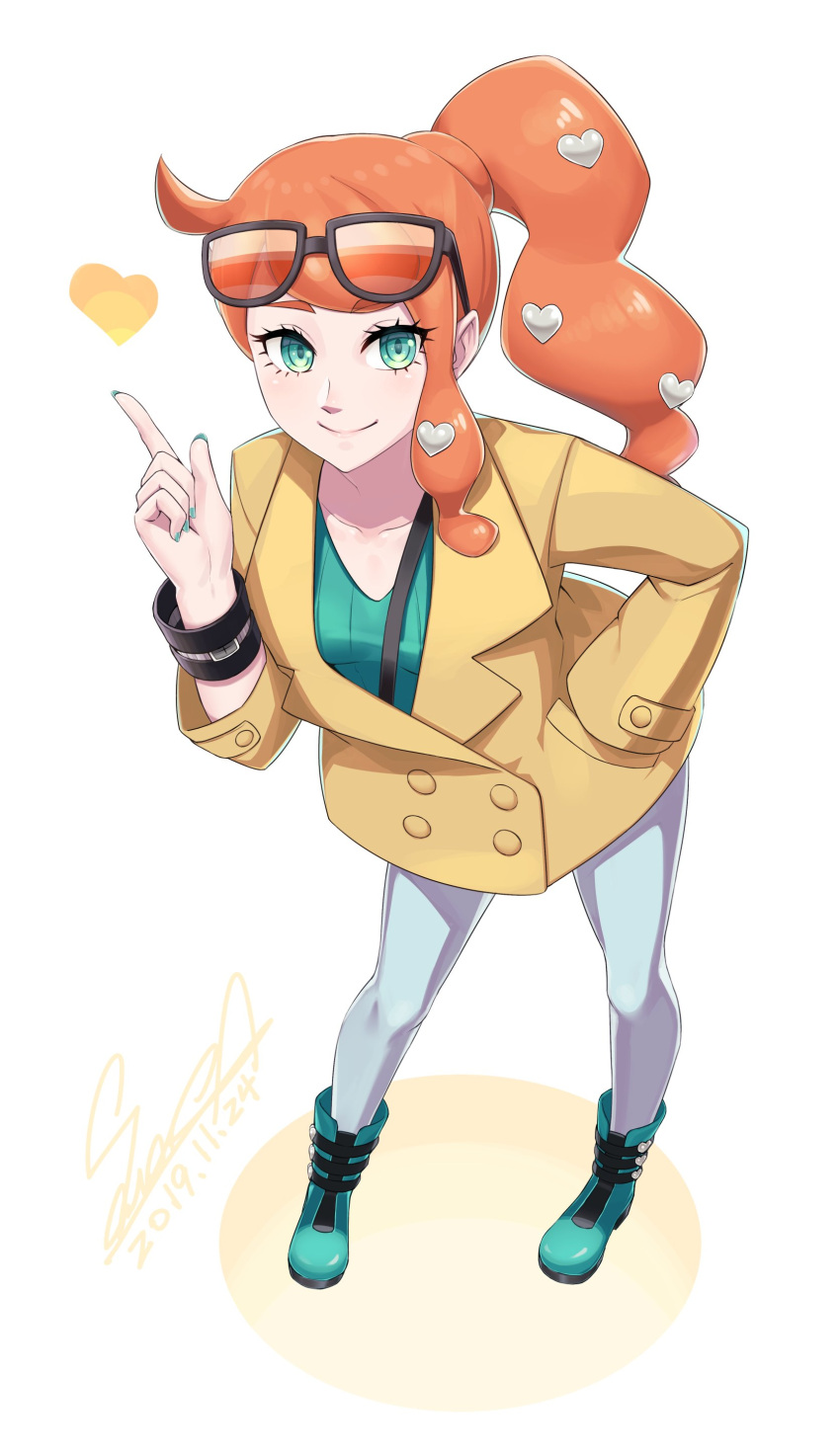 1girl absurdres aqua_eyes aqua_nails aqua_shirt breasts brown_coat coat collarbone denim eyewear_on_head hair_ornament heart heart_hair_ornament highres jeans medium_breasts orange-tinted_eyewear orange_hair pants pokemon pokemon_swsh ribbed_shirt sawasa shirt side_ponytail solo sonia_(pokemon) sunglasses swept_bangs tinted_eyewear v-neck wavy_hair