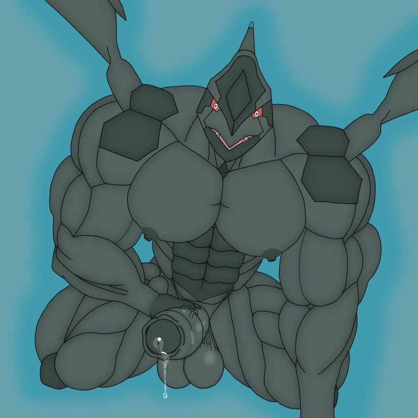 abs anthro balls big_nipples black_body black_nipples black_scales blue_background blue_outline bodily_fluids erect_nipples erection generation_5_pokemon genital_fluids genitals hand_on_own_penis hi_res kneeling legendary_pokemon looking_at_viewer male muscular muscular_male nintendo nipples open_mouth outline pecs penis pokemon pokemon_(species) precum precum_on_own_penis precum_on_penis red_sclera saggy_balls scales secromon sharp_teeth simple_background solo teeth wings zekrom