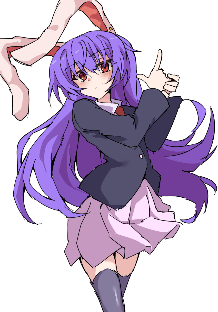 1girl animal_ears black_jacket black_thighhighs blazer closed_mouth commentary highres index_finger_raised jacket long_hair looking_at_viewer mifutatsu pink_skirt purple_hair rabbit_ears rabbit_girl red_eyes reisen_udongein_inaba simple_background skirt solo thighhighs touhou white_background