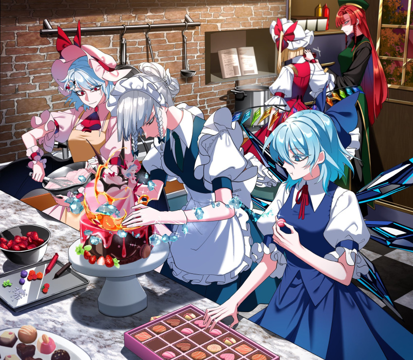5girls alternate_costume alternate_hairstyle apron aqua_hair back_bow bat_wings black_pants black_shirt blonde_hair blue_eyes blue_skirt blue_vest blunt_bangs blunt_ends book bow bowl braid brick_wall cake candy checkered_floor chinese_clothes cirno closed_mouth collared_shirt commentary_request cooking cooking_pot crystal_wings dress eating fire flandre_scarlet food frilled_apron frilled_bow frilled_sleeves frilled_wrist_cuffs frills fruit frying_pan full_body gold_trim green_dress green_headwear grey_hair hair_between_eyes hair_bow hair_ornament hairclip hat hat_bow highres holding holding_bowl holding_candy holding_food hong_meiling ice ice_wings indoors izayoi_sakuya ketchup_bottle kitchen ladle leaning_forward long_hair long_sleeves looking_at_another looking_at_object looking_down maid_headdress mixer_(cooking) mixing mixing_bowl mob_cap multiple_girls mustard_bottle neck_ribbon nubezon open_book orange_apron pants pinafore_dress pink_dress pink_headwear plate puffy_short_sleeves puffy_sleeves raspberry red_bow red_eyes red_hair red_ribbon remilia_scarlet ribbon shirt short_hair short_sleeves skirt skirt_set sleeve_garter sleeveless sleeveless_dress soup_ladle standing strawberry table touhou twin_braids vest waist_apron white_apron white_bow white_headwear window wings wrist_cuffs