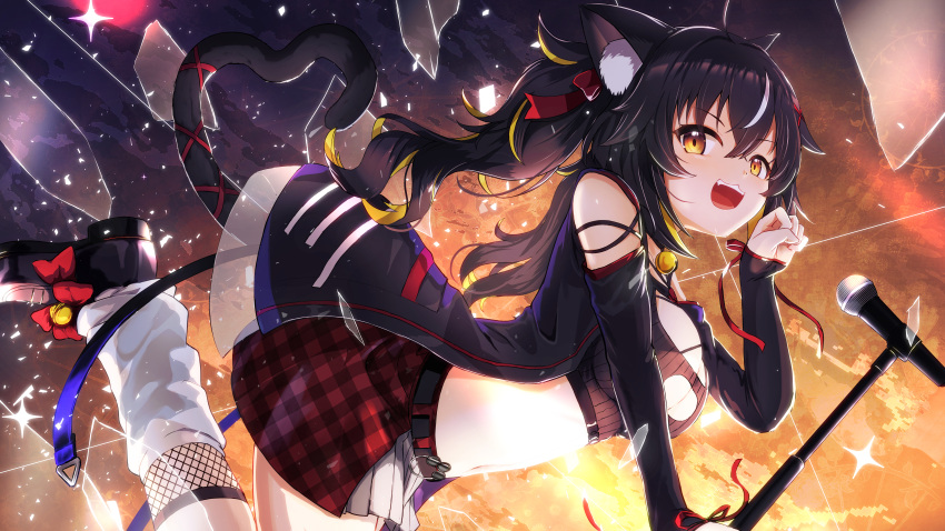 1girl absurdres animal_ear_fluff animal_ears bell belt black_hair breasts broken_glass brown_eyes cat_ears cat_tail chiyuru_mikazuki glass heart heart_tail highres jacket long_hair medium_breasts microphone_stand namako_(namacotan) navel neck_bell open_clothes open_jacket open_mouth skirt solo tail twintails univirtual virtual_youtuber